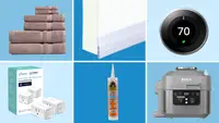 On top, collage of stack of different-sized towels in plum color, door stopper on bottom of white door, Ring thermostat with temperature on screen. On bottom, two white smart plugs next to tube of caulk material and gray air fryer.