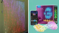 A collage featuring the Govee Curtain lights in multiple colors and the packaging.