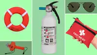 Lifebuoy, distress signal, fire extinguisher, black lens aviator sunglass, hand holding first aid kit all arranged on a collage background.