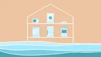 Cartoon graphic of household appliances inside of home with sea levels rising outside.