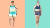 Gender neutral bathing suits on an orange and teal background.