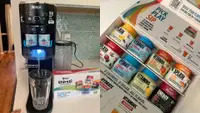 Left: Ninja Thirsti using two flavor pods to produce water in a glass. Right: Box of Ninja Thirsti flavor drop pods.