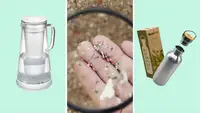 Three images appear: a LifeStraw glass filtration pitcher, four fingers covered in microplastic bits magnified by a magnifying glass over sand, and a Bambaw bottle.