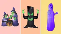 From left to right: Witches stirring a cauldron inflatables on a pink background, a spooky black tree inflatable on an orange background, and a purple ghost inflatable on a yellow background.