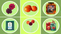 Collage of healthy halloween candy alternatives including Bear Real fruit snacks, clementines, Utz pretzels, Raw Honey sticks, YumEarth lollipops, and freeze dried strawberries and apples.