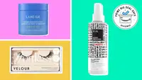 Collage featuring a Laneige face mask, a pair of Velour false eyelashes, and a hairspray from IGK.