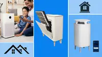 Photo collage of parent and child setting up air purifier via smart phone, the beige Coway Airmega Icon with air filter removed, the BlueAir Dustmagnet 5410i air purifier next to smart phone and two black home icons.