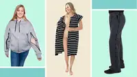 A collage featuring a hoodie with an arm zipper, a stylish gown and a pair of pants.