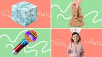 Photo collage of cube fidget toy, a hand playing with a pile of Kinetic Sand, a light up wand globe toy and a small child wearing a chew necklace around their neck.