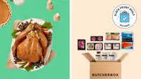 A turkey next to an open ButcherBox delivery with various meats displayed near the Black Friday Deals Reviewed badge in front of colored backgrounds.