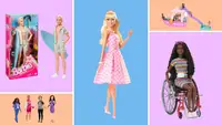 Collage of several Barbie toys, including Ken with a blue surfboard, Barbie in a pink gingham dress, a Barbie dreamboat, an inclusive Barbie in a wheelchair, and four Barbies with sports careers.