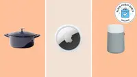 Dutch oven, AirTag, air purifier on orange background