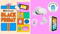A graphic with products surrounding the words Black Friday next to two Amazon Black Friday deals on meta quest 2 and ipad.