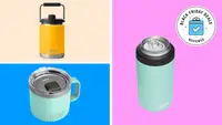 Collage image of three Yeti rambler insulated cups.