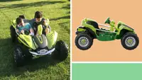 Photo collage of two children riding the Power Wheels Dune Racer on a grass lawn and a profile image of the Power Wheels Dune Racer.