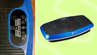 Photo collage of the Lifepro Hovert 3D Vibration Plate. On left, a close up of the settings panel. On right, a full product shot of the Lifepro Hovert 3D Vibration Plate.