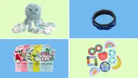 A stuffed animal octopus, LuckyArmor fidget ring, TonyMoly face masks, and a variety pack of Calm Strips.