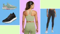Two pairs of sneakers, a model wearing a green racer-back tank, and a model wearing gray tights.