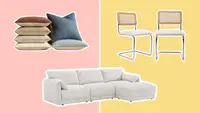 Pottery Barn Boucle pillows stacked on each other, a Boucle sectional couch, and Boucle chairs.
