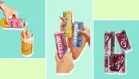 Left to right: Hand pouring Recess mocktail into a glass, three hands holding Mixoloshe cans, stacked Ghia Spritz cans