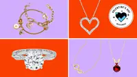 A colorful collage with necklaces, rings, and a Valentine's Day badge in the corner.