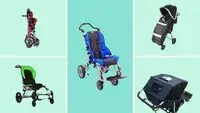 Photo collage of five strollers, including the Convaid Cruiser in red, Zippie Sphynx Stroller in green, Convaid Cruiser in blue, Thomashilfen Swifty 2 Lightweight Pediatric Stroller in black, and an overhead shot of the Baby Jogger Advance Mobility Freedom Stroller in black.