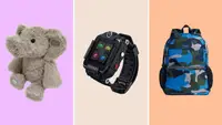 An stuffed animal elephant, a Tick Talk watch, and a State brand, blue and black camo backpack.
