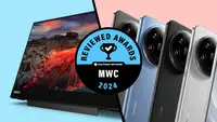 The Lenovo ThinkVision M14t with a blue background on the left and Xaiomi 14 Ultra phone with a pink background on the right, and a Reviewed Awards MWC 2024 emblem overlaid in the middle.