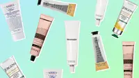 Five hand cream tubes in a collage against a blue and green background.