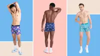 Three models wearing Saxx boxer briefs.
