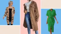 Collage of a leopard-print sweater, a brown teddy coat, and a green dress, all worn on models.