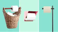 A basket full of toilet paper, a wall attachment in pink, and a toilet paper stand appear together.