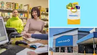 People shopping in a store next to a shot of a Sam's Club and a Walmart+ bag in front of a colored background.