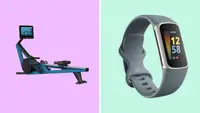 A colorful collage with a rowing machine and a fitness smartwatch.