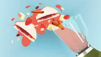 A cartoon graphic of a blended smoothie inside of a blender next to a peanut butter and jelly sandwich surrounded by other ingredients.