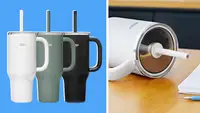 On the left side of the image, there are three white, green, and black, Oxo Strive Tumblers side-by-side on a blue background. On the right, there is a white Oxo Strive Tumbler on its side, showing the top of the tumbler.
