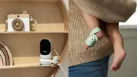 Photo collage of the Owlet Cam on a hanging wooden shelf next to other wooden toys and a parent holding a small infant with the Owlet Sock Monitor on its foot.