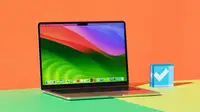 The Apple MacBook Air 13 M3 with a colorful desktop on display sitting next to the Reviewed checkmark.