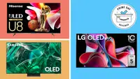 A color block background shows TVs from Hisense, Samsung and LG
