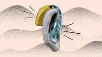 Graphic of ear with gold and blue BTE hearing aid