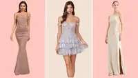 Collage of photos of three women wearing prom dresses at Shein, Unique Vintage, and Calvin Klein.