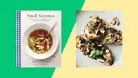 The cover of Small Victories cookbook next to an image from the book of mushrooms on toast.