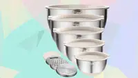 A set of 5 mixing bowls on a pastel background