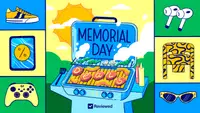 This graphic illustration has blues, greens, and yellows, depicting a grill with burgers on it branded with the word deals