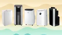 Five portable air conditioners on a blue and orange wavy background