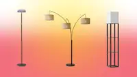 The floor lamps stand on a red background with a yellow glow center