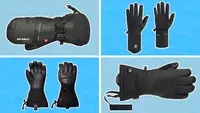 Four different brands of heated gloves on a blue grid background
