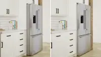 A photo of a standard depth fridge next to a counter-depth fridge and how they fit into existing cabinetry.
