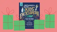 A Britannica Kids Encyclopedia with gift illustrations around it on a red background