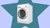 A washing machine inside a star frame on a periwinkle background